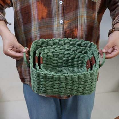 Woven Paper Rope Wicker Basket for Organizing(Set of 3,Green) - color: Dark Green