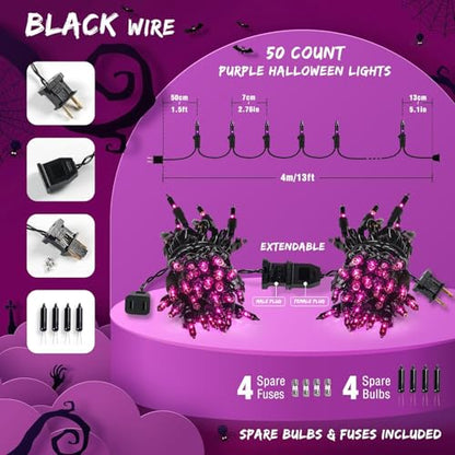 Purple Halloween Lights,13FT 50 Count Mini String Lights - color: Purple Black, size: 50 count
