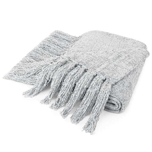 PAVILIA Chenille Throw Blanket Knit Twin Size Tassel Throw Light Grey 60x80 - color: Light Grey, size: 60 X 80 Inches - Twin