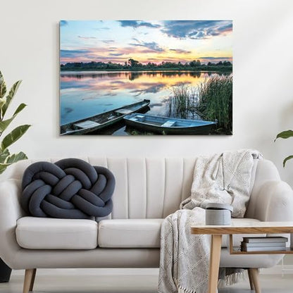 Dream Land Lake Landscape Canvas Wall Art: Green Water Wilderness Painting Relaxing Dusk Scenery Picture for Living Room - color: boat, size: 45"L x 30"W