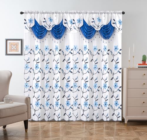 Petrichor Embroidered Sheer Curtain 2 Panels Set - Luxury Window Curtain Attached Valance with Satin Backing and 2 Tie Backs for Living Room,Dining Room, 54x84 inches, Navy - color: Navy, size: 54"W x 84"L (Pack of 1)