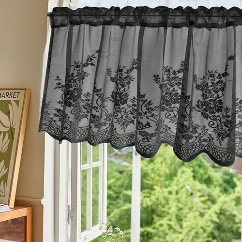 Molaxhome Kitchen Curtains Valance Black Lace Floral Semi Sheer Curtain - color: Black, size: 51"W x 16"L (Pack of 1)