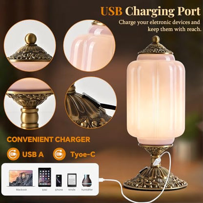 Milk Glass Table Lamp, Touch Control with USB Charging Port Vintage Bedside Desk Lamp Stepless Dimming for Bedroom Living Room Nightstand Led Bulbs Included （Purple）