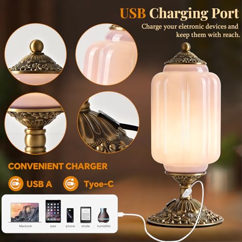 Milk Glass Table Lamp, Touch Control with USB Charging Port Vintage Bedside Desk Lamp Stepless Dimming for Bedroom Living Room Nightstand Led Bulbs Included （Purple）