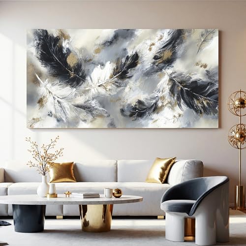 YISXINOAG Black White Abstract Wall Art Modern Feather Painting 29"X58" - color: black grey, size: 58"L x 29"W
