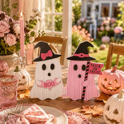Valery Madelyn Pink Halloween Decor, Set of 2 Cute Halloween Ghost Decor, Witch Hat Boo & Trick or Treat Wooden Tabletop Signs for Home, Shelf, Tiered Tray Party Display, 7 Inch - size: Large