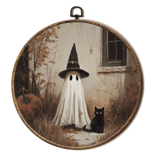 FSTCSV Halloween Witch Ghost Cat Round Wall Art Framed, Vintage Ghost Black Cat Canvas Prints Wall Hanging Art, Rustic Fall Autumn Halloween Circle Walls Decor for Home Bedroom, 10x10in - color: color-13