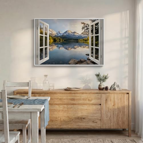 Framed Window Nature Scenic Landscape Wall Art for Living Room, 24x36 Inch - color: White Blue, size: 36"L x 24"W