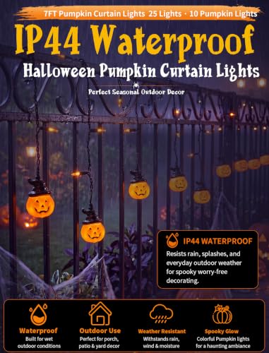 7FT Halloween Pumpkin Curtain String Lights Plug-in 25 LED Decor - color: Hooded Pumpkin Curtain Lights
