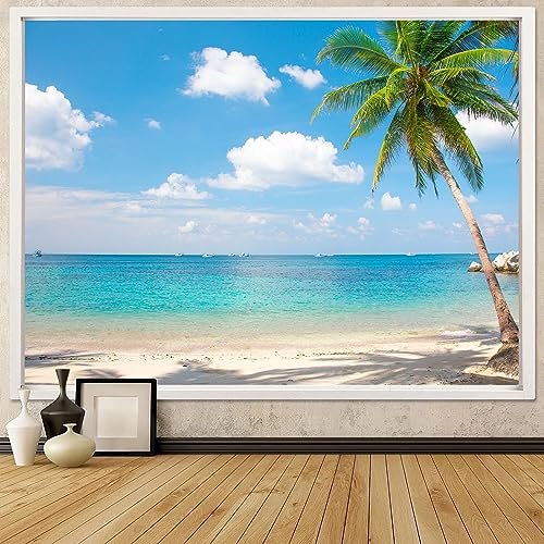 Leeisysme Beach Landscape Tapestry, Tropic Ocean Sea Island Palm Tree Seaside Tapestries for Living Room Summer Window Wall Hanging 60×80 Inch - color: Beach, size: 80"L x 60"W