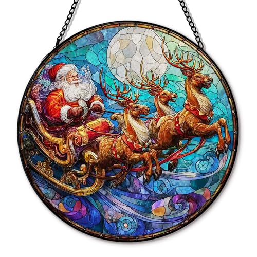 Santa Reindeer Suncatcher Stained Glass Garden Window Hanging, Winter Santa Reindeer Xmas Sun Catchers Indoor Window Glass Round Wall Decor, Christmas Wall Art Hanging Decorations, ＂7.8x7.8＂ - color: Christmas_6