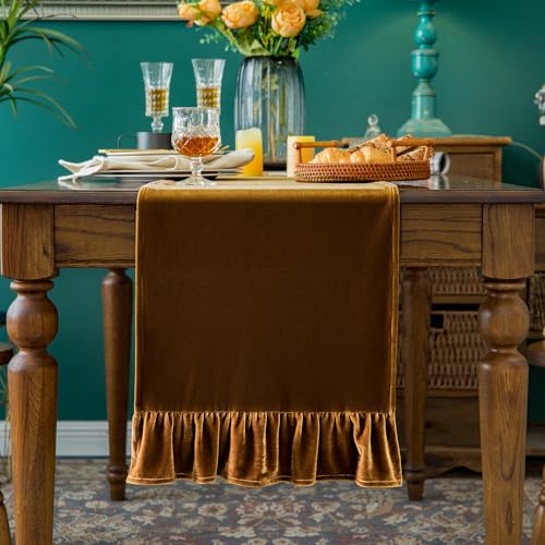 Velvet Table Runner Soft Decorative Luxurious Solid 120 Inches Long Tablecloth with Retro Ruffle Flounces Table Runner Dresser Scarves for Kitchen Dining Room Coffee Table Golden Camel,14x120 Inch - color: Golden Camel, size: 14x120 in