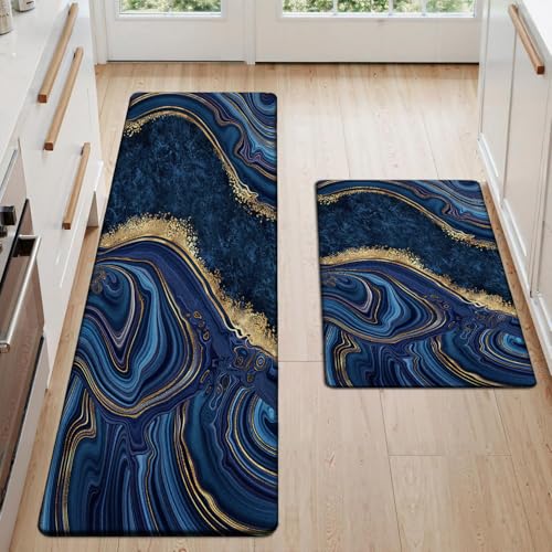 Kitchen Mats Set of 2, Cushioned Anti Fatigue Non Slip Waterproof Runner, Blue Marble and Golden Veins Design, PVC Memory Foam for Kitchen Sink and Laundry - color: Blue Marble