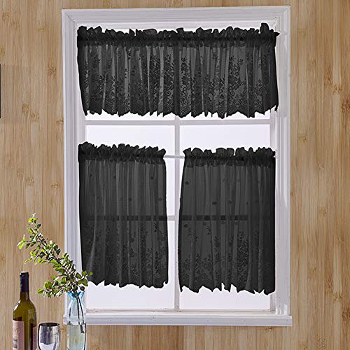 vctops Lace Sheer Kitchen Tier Curtain Set Floral Embroidered Cafe Tiers Rod Pocket Small Half Window Curtains 2 Panels (29" x 24", Black) - color: Black, size: 29"W x 24"L (Pack of 2)