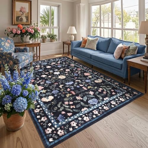 GarveeHome 8x10 Washable Floral Area Rug Living Room Low Pile DarkGreyBlue - color: Dark Grey Blue, size: 8' x 10' (Rectangular)