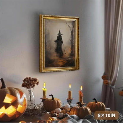 AVECCO Halloween Witch Broomstick Forest Wall Art Canvas Framed 8x10 inch - color: Witch, size: 10"L x 8"W
