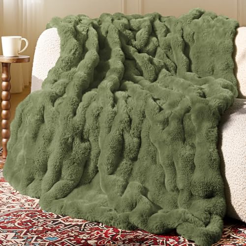 Ultra Soft Cozy Faux Fur Throw Blanket, Fuzzy Plush Thick Bubble Blanket, Oversize Luxury Fluffy Blanket for Couch, Sofa, Bedroom, and Living Room,50x60 Inches,Green - color: Green, size: Throw(50" X 60")