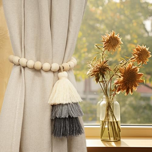 Magnetic Curtain Tiebacks with Wood Beads, Boho Rope Drapery Holdbacks with Triple Tassels, No Drill Curtain Holders for Farmhouse Bedroom, Living Room or Nursery,Set of 2, Beige Grey Charcoal - color: Beige/Gray/Charcoal