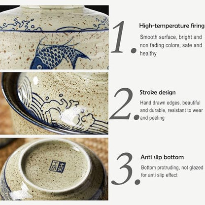 VanEnjoy Microwavable Ramen Bowl with Lid, 25 Oz Japanese Bowl Big Ceramic Japanese Soup Bowl with Lid, Korean Clay Pot - fish - color: fish