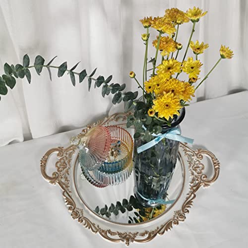 Yash YANIZU Decorative Mirror Tray, Round with Handles, Organizer for Perfume, Makeup, Jewelry, Vintage Display and Serving Tray for Dresser, Counter and Coffee Table, 15.8'' x 13'', White - color: White