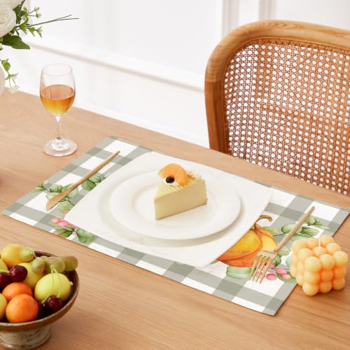 QIYI Fall Placemats Set of 4, 12"x18" Linen Place Mats, Plaid Pumpkin - color: Plaid Pumpkins, size: Set of 4
