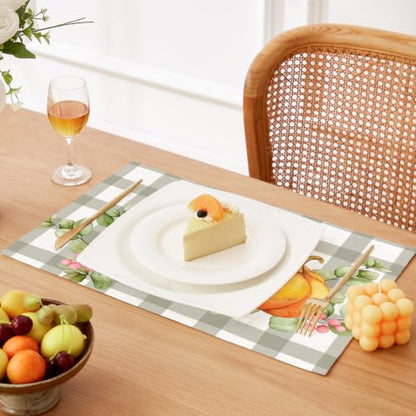 QIYI Fall Placemats Set of 4, 12"x18" Linen Place Mats, Plaid Pumpkin - color: Plaid Pumpkins, size: Set of 4