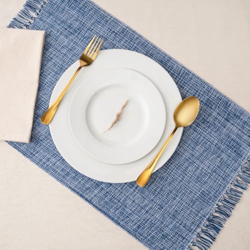Cotton Placemats Set of 6-13x19 Inch, Woven Chambray Place Mats, Durable & Elegant for Dining Table, Wedding, Restaurant, Machine Washable, Oeko-TEX Certified - Blue - color: Blue - Chambrey