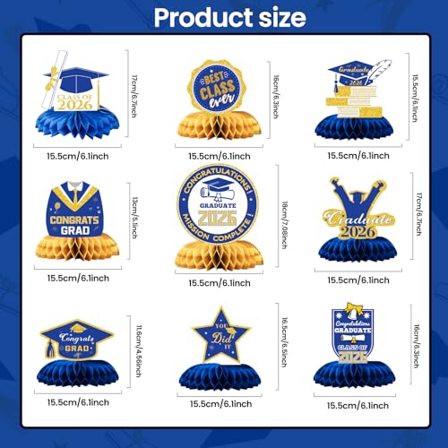 Class of 2026 Graduation Decorations - 9PCS Blue Gold Table Centerpieces, 2026 Congrats Grad Honeycomb Centerpieces Table Decor for Graduation Party Supplies - style: Graduation