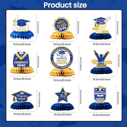 Class of 2026 Graduation Decorations - 9PCS Blue Gold Table Centerpieces, 2026 Congrats Grad Honeycomb Centerpieces Table Decor for Graduation Party Supplies - style: Graduation