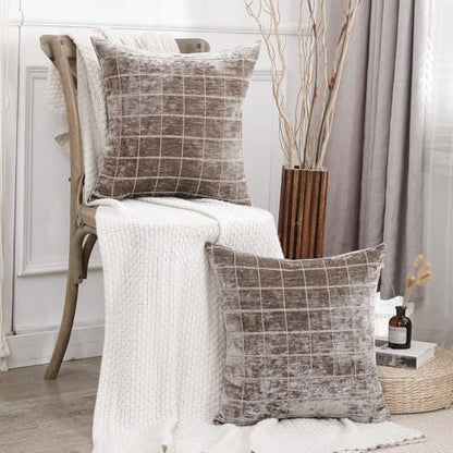 HPUK Checkered Throw Pillow Covers 18x18 Inch, Soft Cut Velvet, Set of 2 - color: Chenil Check-coffee
