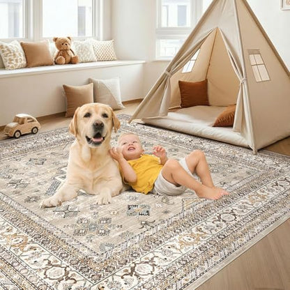 cotiled 6x6 Area Rug for Living Room, Washable, Traditional, Beige - color: Beige, size: 6' x 6' (Square)