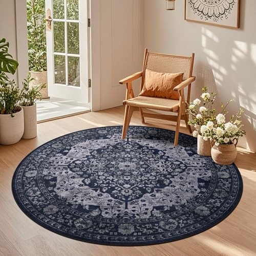 nesrt Boho Washable Round Area Rugs 5ft for Living Room, Vintage Non-Slip Soft Circle Kids Bedroom Rug, Faux Wool Thin Printed Floor Carpets for Nursery Dining Room Farmhouse Home Office (Blue) - color: Blue, size: 5' (Round)