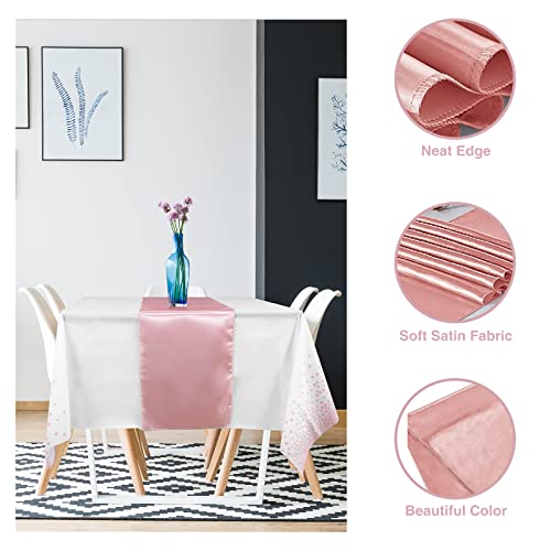 12 Pack Disposable Plastic Tablecloths and Satin Table Runner Set White and Rose Gold Dot Tablecloth Rose Gold Satin Table Runner for Wedding Birthday Baby Shower Anniversary Christmas New Year Party - color: White and Rose Gold, size: 12 Pack