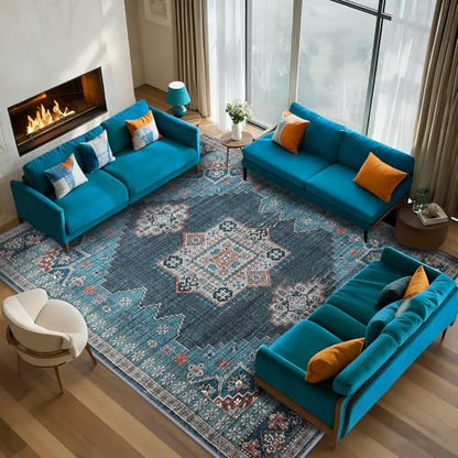 Boho Persian Area Rug, Teal Blue, 8x10 - color: Fresh Teal & Blue, size: 8 x 10 feet