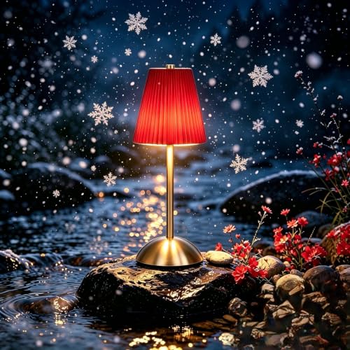 Gold Cordless LED Table Lamps, Red Fabric Shade Desk Lamps（Red - color: Red