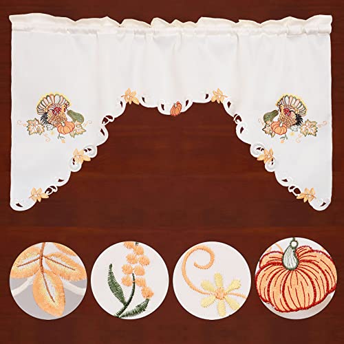 Simhomsen Fall Autumn Embroidered Turkey Kitchen Window Curtain Swag and Tiers Set for Thanksgiving Holiday (Turkeys) - color: Turkeys