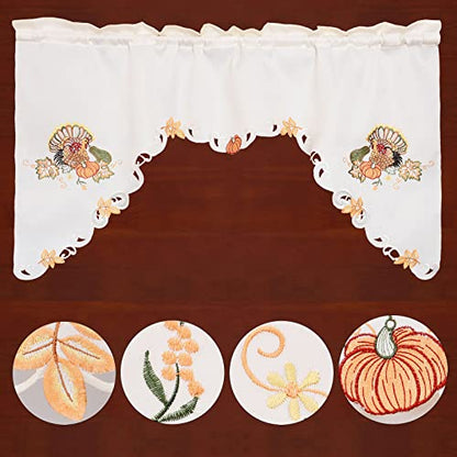 Simhomsen Fall Autumn Embroidered Turkey Kitchen Window Curtain Swag and Tiers Set for Thanksgiving Holiday (Turkeys) - color: Turkeys
