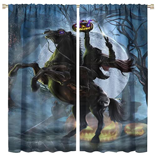 Gothic Halloween Blackout Curtains - Horror Forest Night Theme Pumpkin Headless Horseman Rod Pocket Window Drapes Set Energy Saving Thermal Insulated Drapes,2 Panels 45L x 21W - color: Gothic Halloween, size: 21"W x 45"L (Pack of 2)