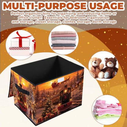 Briwooody Christmas Storage Bin with Lid and Carrying Handle Christmas Train Foldable Storage Box Large Xmas Snowy Night Decorative Collapsible Container Basket for Organizing Closet Home Bedroom - style: Christmas Train