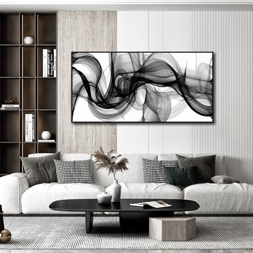 Abstract Wall Art for Living Room, Black and White Canvas Wall Decor for Bedroom, Smoke Picture Print, Large Size 59 x 29 Inches Framed - color: ABSTRACT-44[F], size: 59L" x 29W"