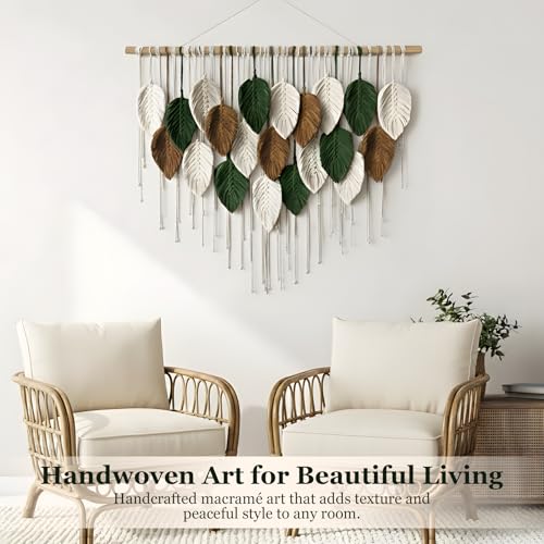 KORSIV Macrame Wall Hanging Boho Woven Tapestry, 39" x 31.5" Modern Bohemian Handmade Leaf Feather Wall Art Decorations for Apartment Dorm Living Room Bedroom Nursery Backdrop, Chic Home Decor