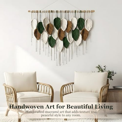 KORSIV Macrame Wall Hanging Boho Woven Tapestry, 39" x 31.5" Modern Bohemian Handmade Leaf Feather Wall Art Decorations for Apartment Dorm Living Room Bedroom Nursery Backdrop, Chic Home Decor