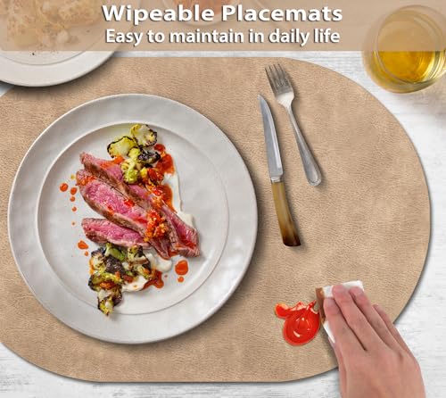 ADRIMER Oval Placemats Set of 6, Wipeable Faux Leather, Apricot - color: Apricot