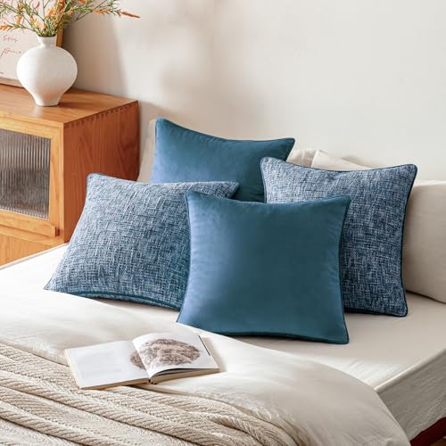 a moment Blue 4 Pack Throw Pillow Covers - Chenille & Velvet Set with Piping, Farmhouse Textured Design Pillow Cases for Couch Sofa Bed Livingroom (22x22 Inch, No Insert) - color: Blue, size: 22" x 22" (Pack of 4)
