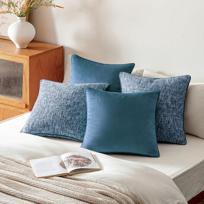 a moment Blue 4 Pack Throw Pillow Covers - Chenille & Velvet Set with Piping, Farmhouse Textured Design Pillow Cases for Couch Sofa Bed Livingroom (22x22 Inch, No Insert) - color: Blue, size: 22" x 22" (Pack of 4)