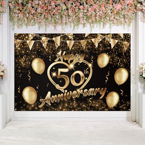 Happy 50th Anniversary Backdrop Party Decorations, Black Gold Glitter Bokeh Dots Valentine's Day Wedding Anniversary Party Photo Background Cake Table Banner Extra Large Wall Decor Props. 6 * 4ft (50) - color: 50