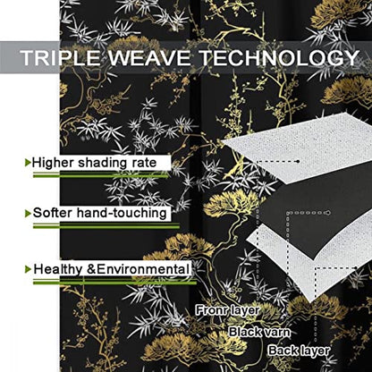 Cool Japanese Curtains,Modern Black Gold Japanese Chinese Pine Pattern Window Drapes Thermal Insulated Grommet Blackout Curtains for Bedroom 2 Panels 54L x 21W - color: Cool Japanese, size: 42"W x 54"L (Pack of 1)