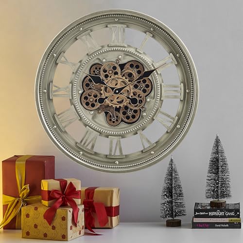 CLXEAST 24" Moving Gear Wall Clock for Living Room, Antique Champagne | Metal Case, Tempered Glass Lens, SIilent Non Ticking, Industrial Farmhouse Wall Clock for Dinning Room & Home Office - color: 24" Antique Champagne