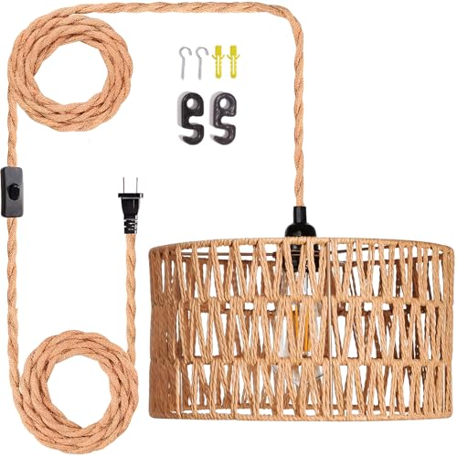 Maliralt Hanging Lamps Rattan Pendant Light Hanging Lights 16.4ft Plug in Cord Pendant Light Fixture Plug Into Wall Outlet Pendant Lighting with On Off Switch for Bedroom Living (Cylindrical Shade) - size: 12.6 Inch - Cylindrical Shade
