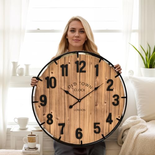 EMAX HOME Large Old Town Farmhouse Wall Clock 30 Inches Rustic Antique Wood with Metal Circle and Large Numerals Silent Battery Operated Wall Clock for Office Kitchen Bedroom Living Room - color: Brown, size: 30 Inch